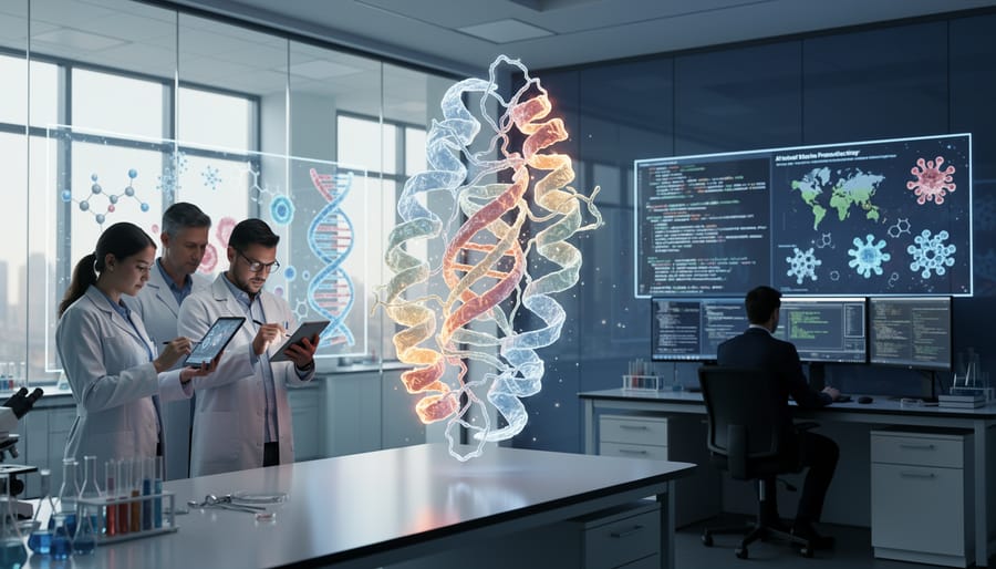 Close-up of molecular protein structure model showing colored atoms and bonds