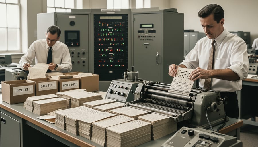 Vintage IBM punch cards with mechanical card reader from 1960s era