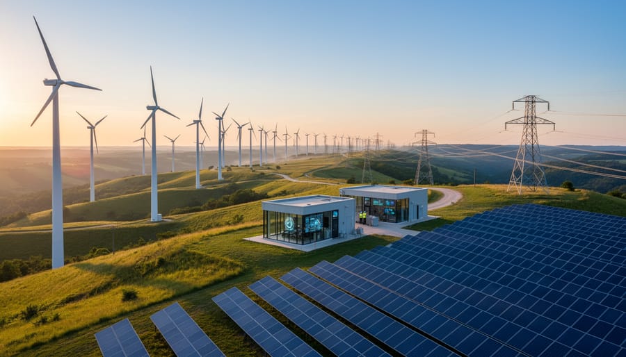 Wind turbines and solar panels installed together in countryside landscape