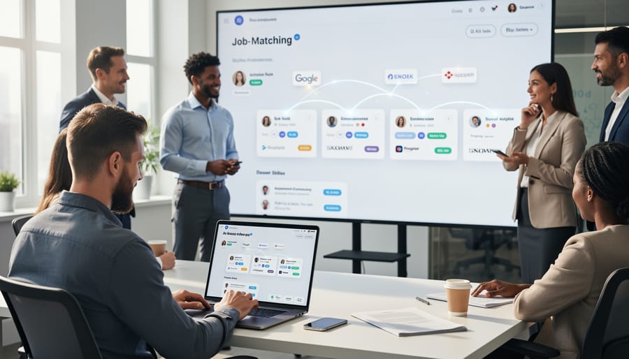 Professional reviewing job opportunities on laptop at modern workspace