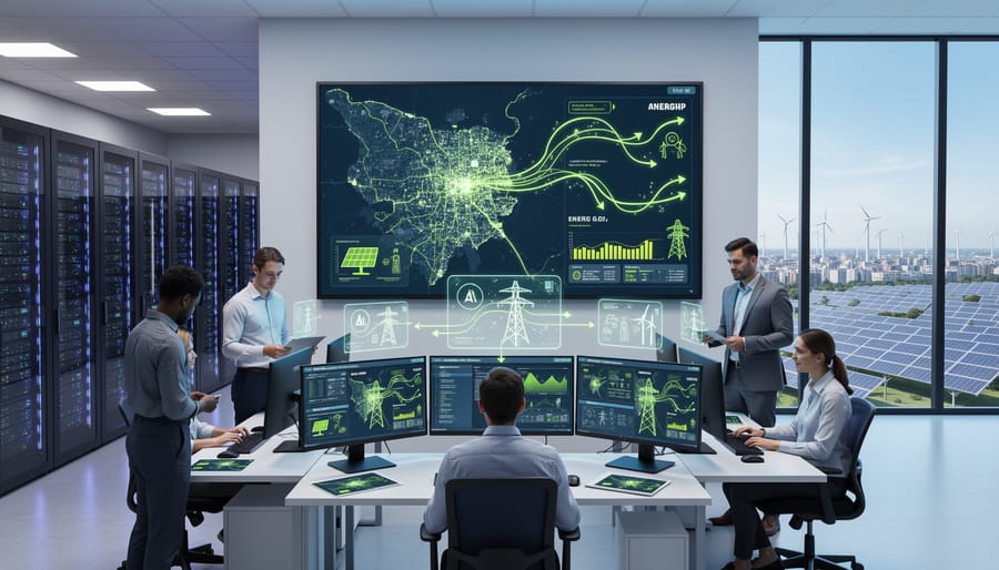 Modern data center server room with illuminated equipment processing energy grid information