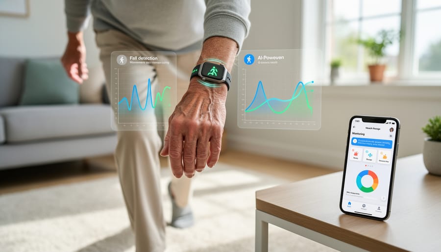Senior wearing smartwatch with fall detection and health monitoring capabilities