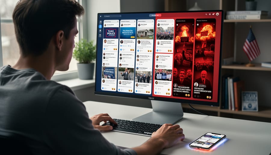 Person viewing political social media content on smartphone in low light