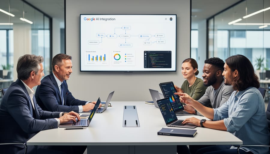 Business team collaborating on AI integration strategy during office meeting