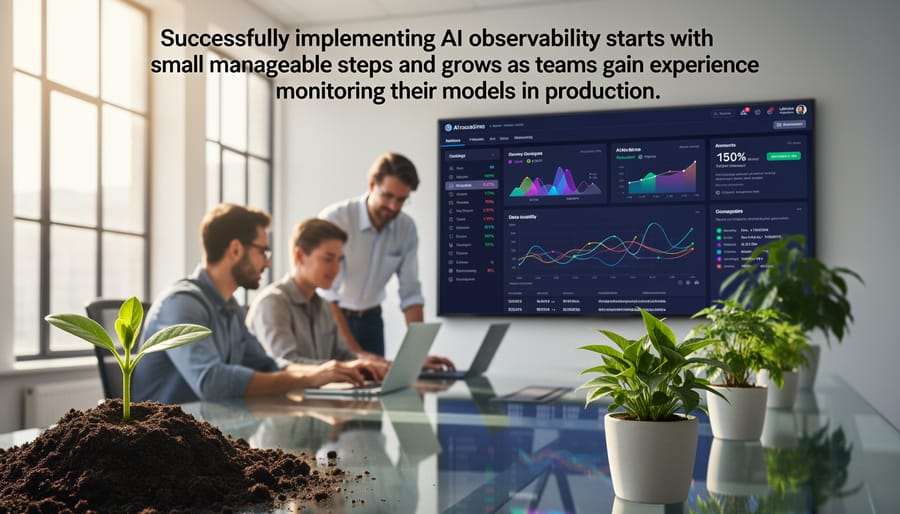 Technology team collaborating on implementing AI monitoring solutions