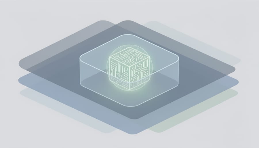 Transparent cube containing circuit board components representing software isolation