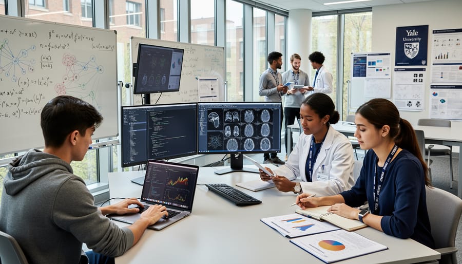 Graduate students collaborating on AI research project in Yale laboratory
