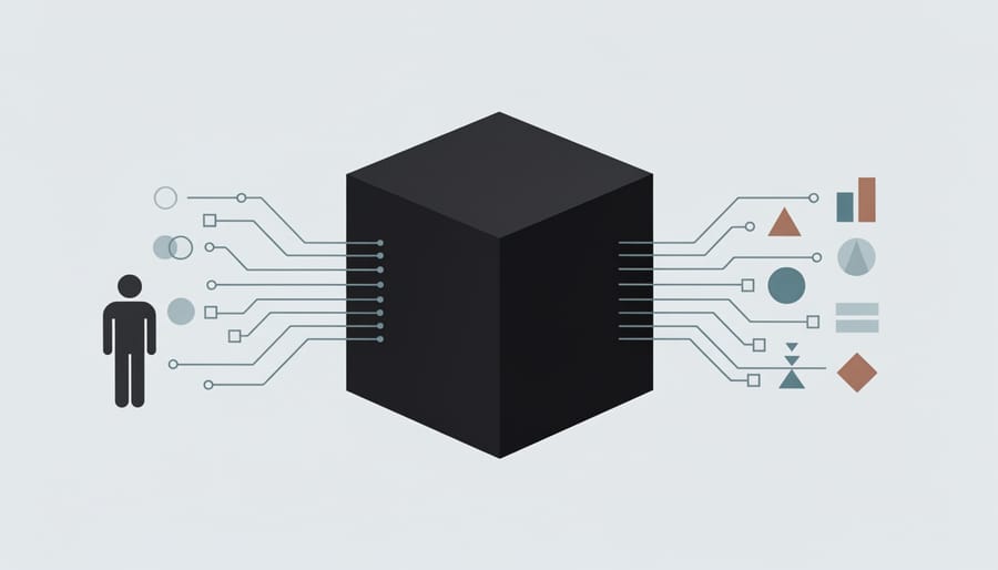 Translucent black glass box with glowing internal circuit patterns representing opaque AI systems