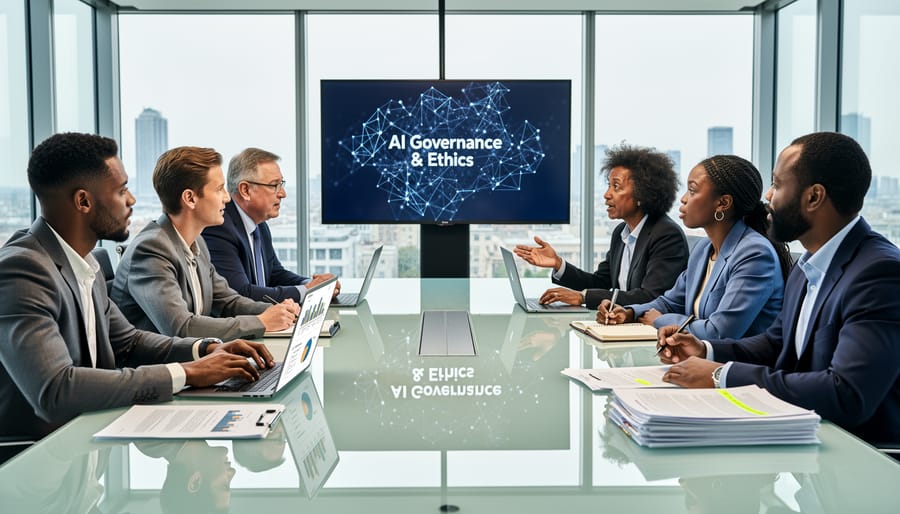 Diverse group of professionals in boardroom meeting discussing AI ethics governance