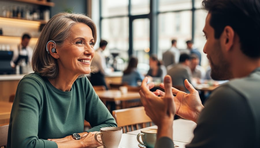 Senior woman wearing modern hearing aid engaged in conversation at café