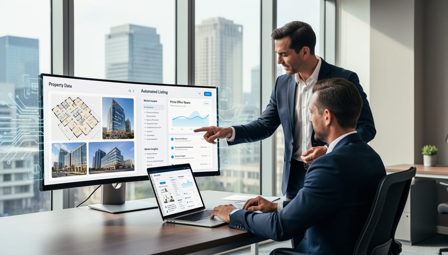 Laptop and tablet displaying AI-powered property listing tools on modern workspace