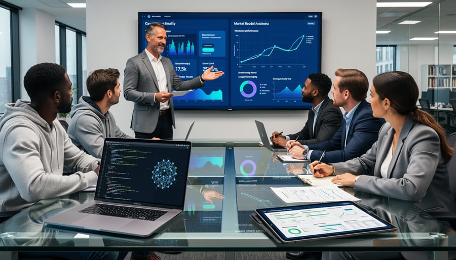 Business professional reviewing technical documents and data at modern workspace