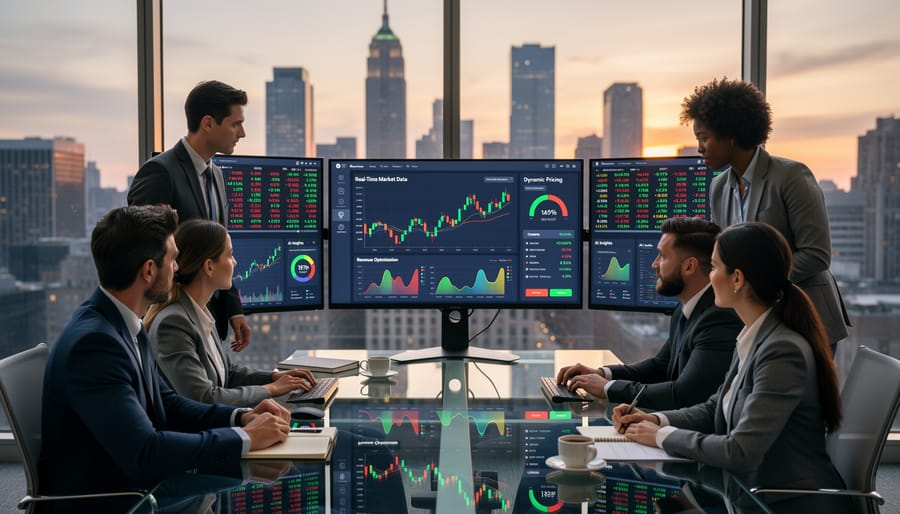 Business professional reviewing dynamic pricing software on computer monitors