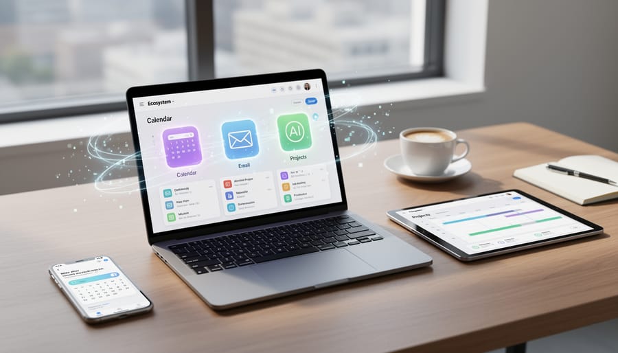 Professionals using AI-powered productivity tools in modern office environment