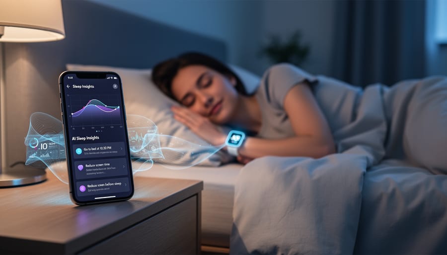 Close-up of smartwatch displaying sleep tracking data and analysis on screen