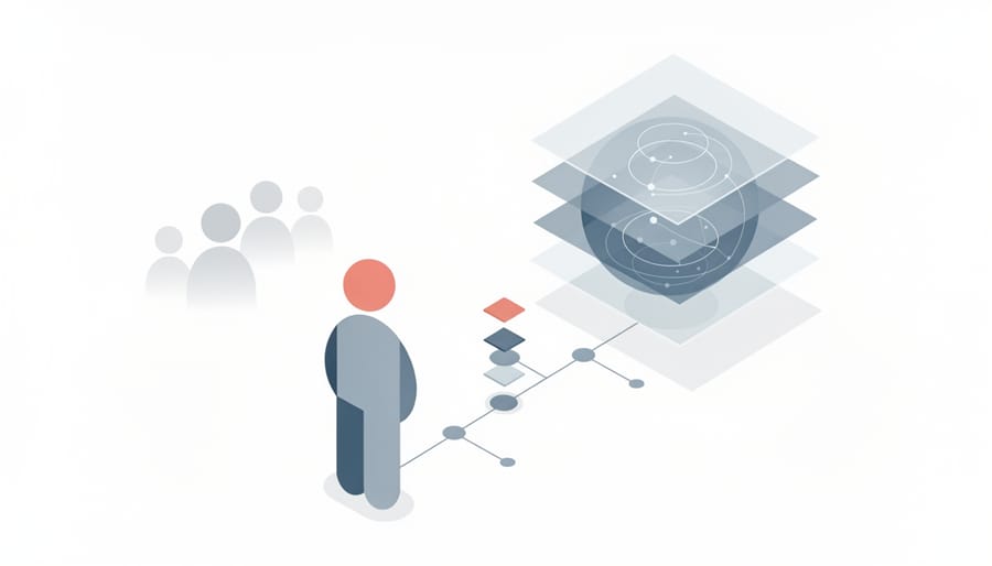 Business professionals examining transparent AI neural network visualization