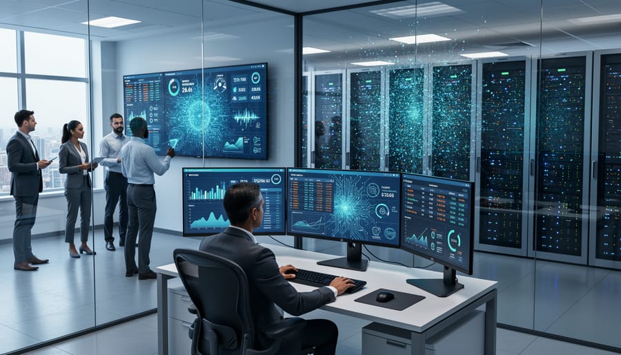 Modern data center servers processing insurance underwriting algorithms