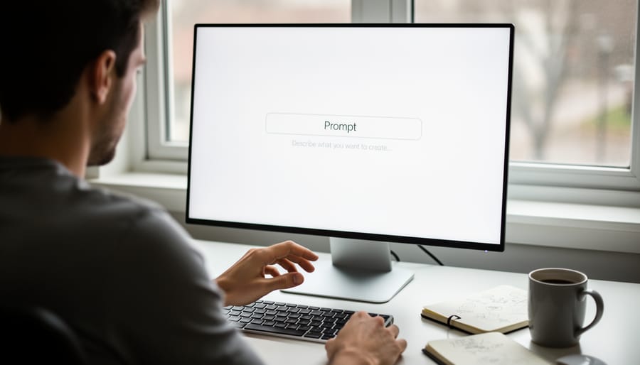 Person hesitating at laptop with empty screen, uncertain how to begin