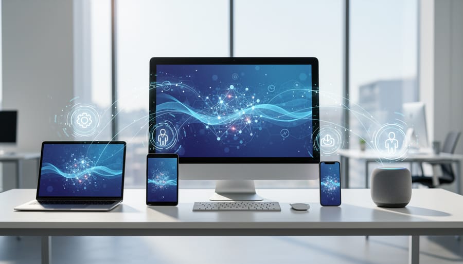 Multiple hands holding various devices representing cross-platform AI collaboration