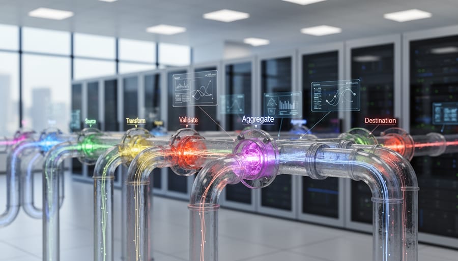Industrial pipeline system showing flow of liquid through interconnected transparent pipes