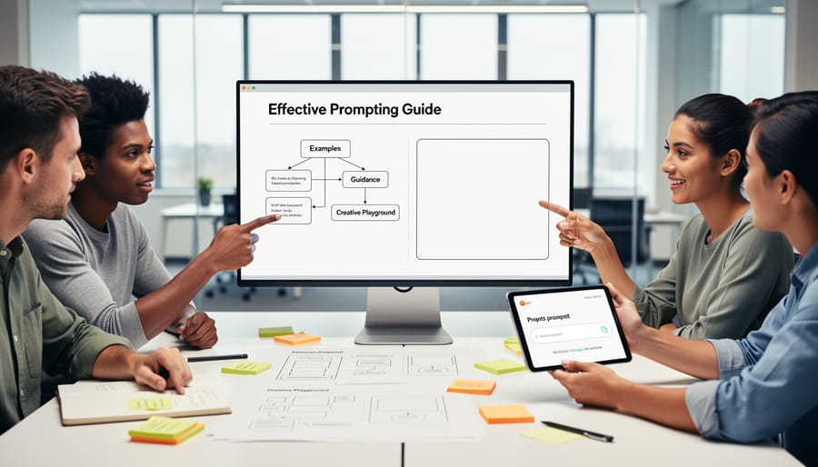 Designer working on interface sketches with digital devices showing AI applications