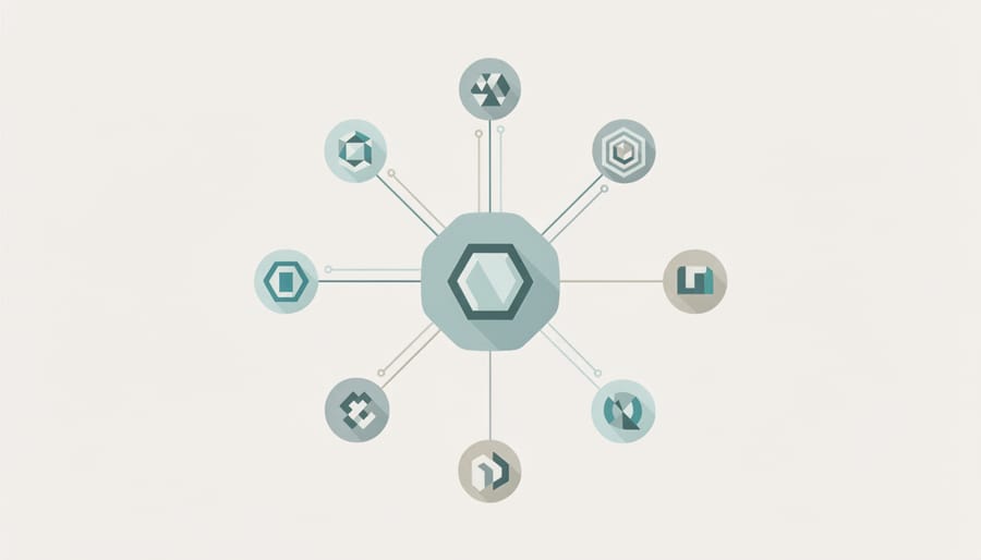 Interconnected steel chain links forming circular pattern representing distributed trust