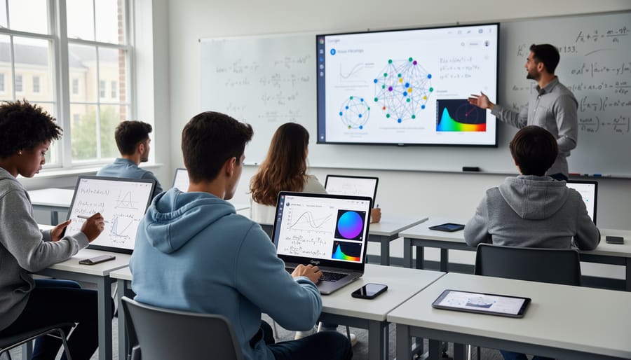 Students working together on mathematical AI concepts using laptop in modern learning environment