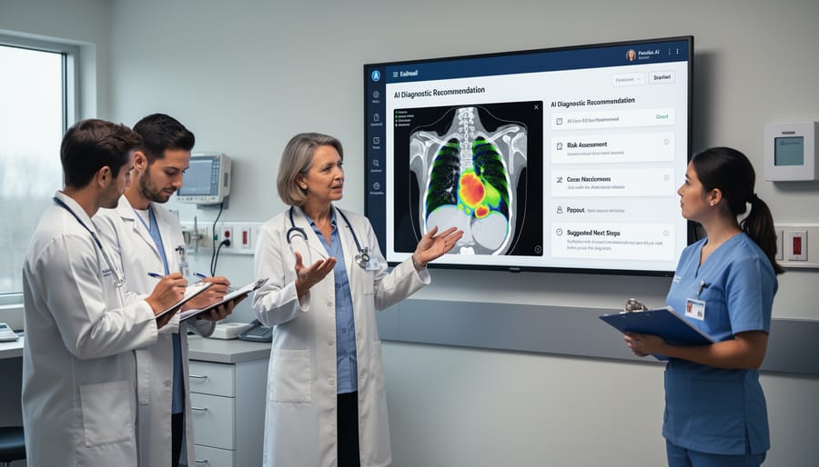 Doctor reviewing AI-assisted medical diagnostics with patient in hospital room