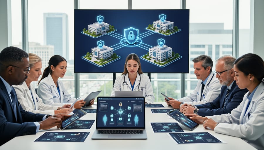 Modern hospital corridor showing healthcare professionals in secure medical facility