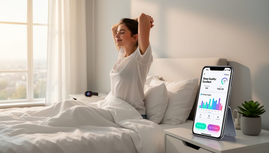 Woman waking up refreshed and stretching in sunlit bedroom