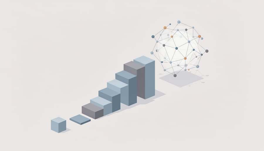 Overhead view of hands building structured framework with wooden blocks