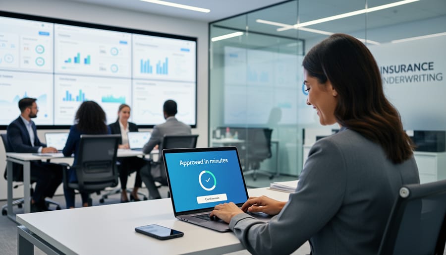 Professional reviewing insurance application on laptop in modern office setting