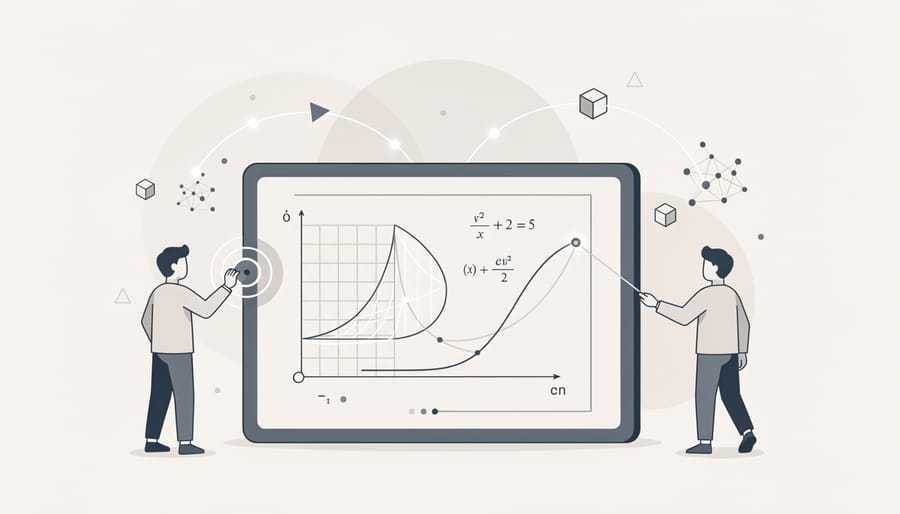 Hands interacting with holographic mathematical visualizations representing AI-assisted learning