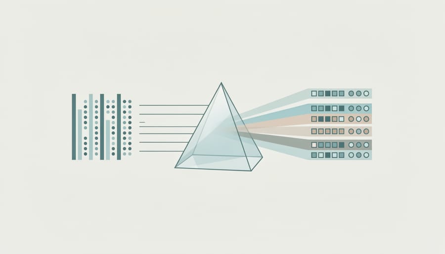 Glass prism refracting light into spectrum representing mathematical transformations in AI