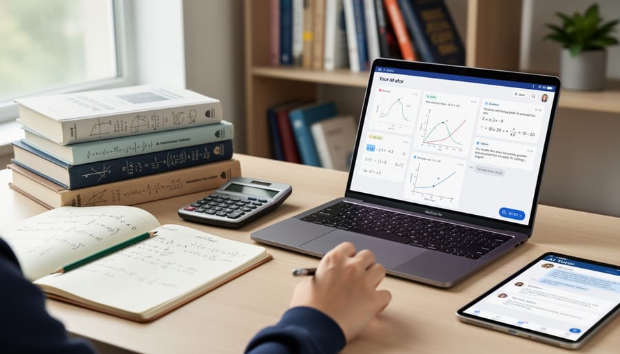 Organized study workspace showing mix of books, laptop, and notes for learning mathematics for AI