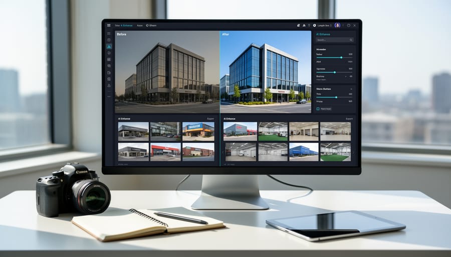 Real estate photographer capturing professional images of modern commercial office building