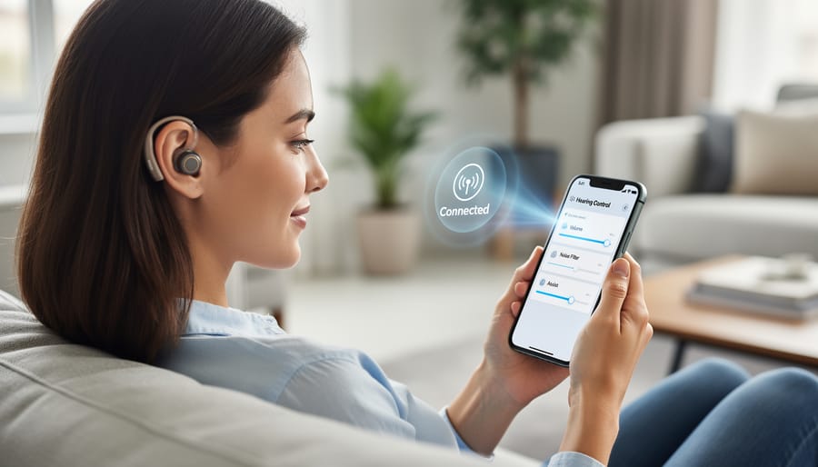 Modern AI-enabled hearing aid next to smartphone showing connected features