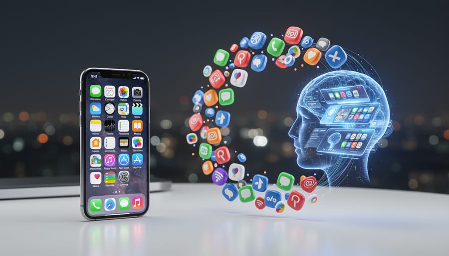 Smartphone displaying app icons representing the ecosystem model now emerging for AI