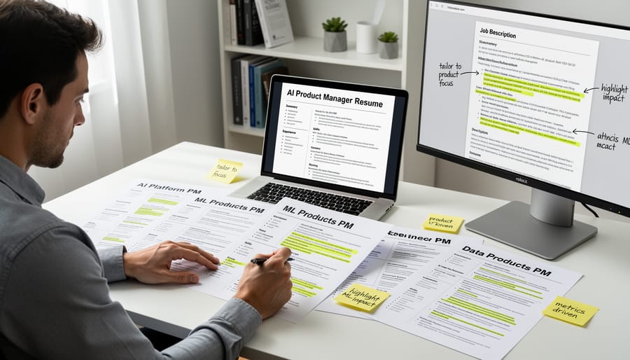 Overhead view of resume documents and notes being organized on professional workspace