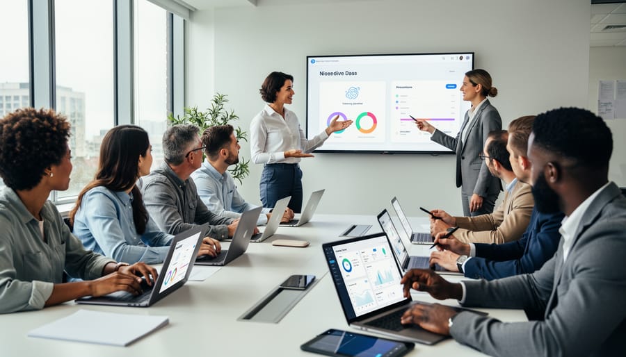 Commercial real estate team collaborating and learning new technology tools in modern office