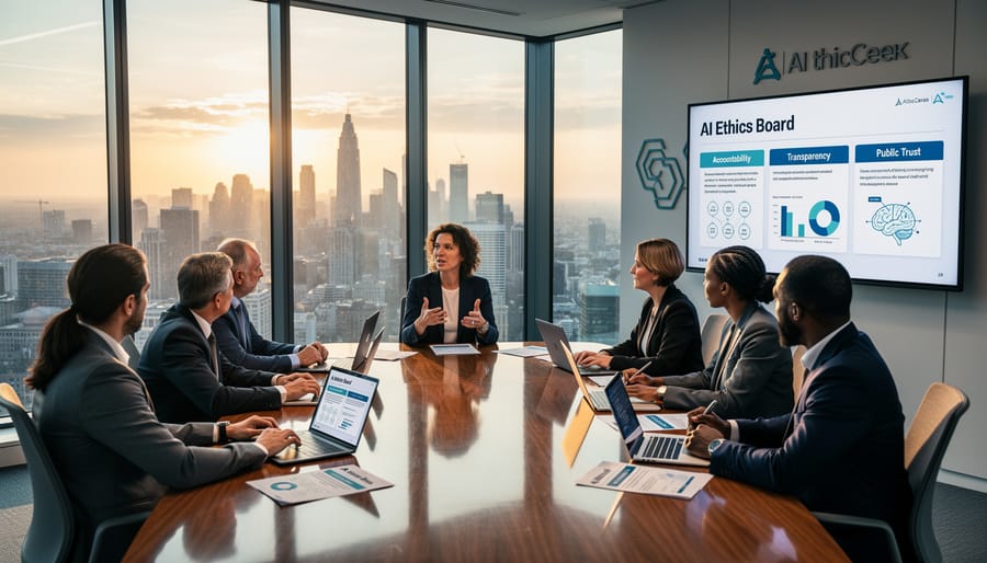 Modern tech company office interior with transparent architectural elements representing ethical AI governance