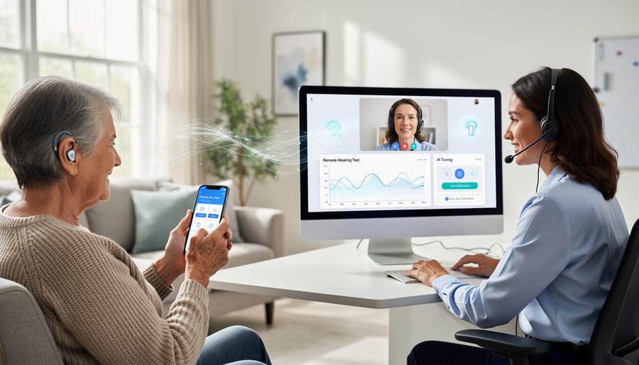 Audiologist conducting remote hearing consultation via video call with patient