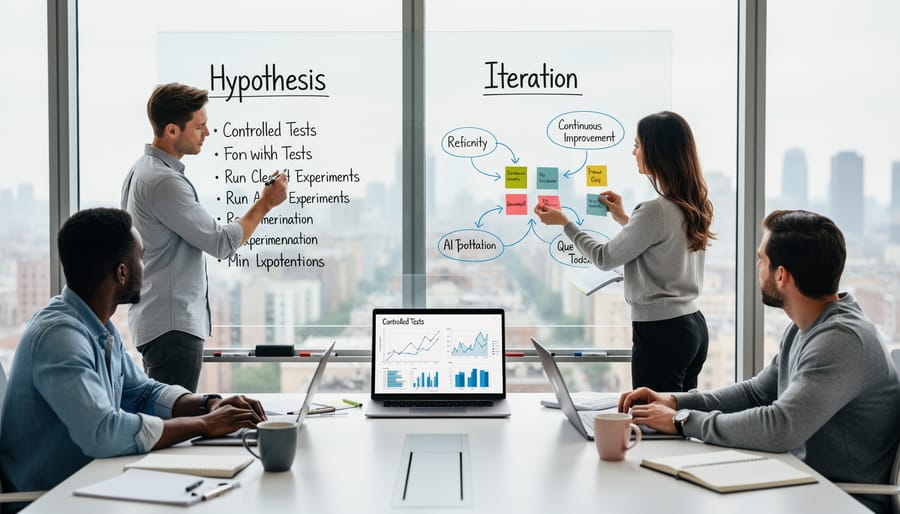 Overhead view of organized experimental workspace showing hypothesis documentation, testing equipment, and analysis tools