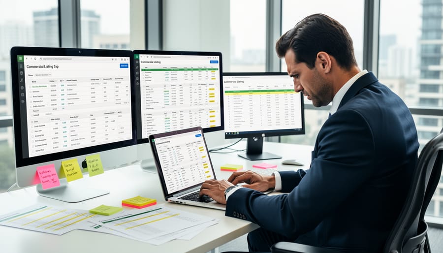 Commercial real estate broker working at cluttered desk with multiple screens and property documents