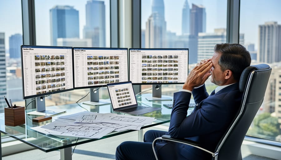 Business professional overwhelmed by multiple property listings and documents while searching for office space