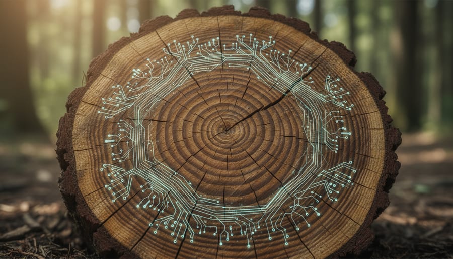 Cross-section of tree trunk showing detailed growth rings and historical layers
