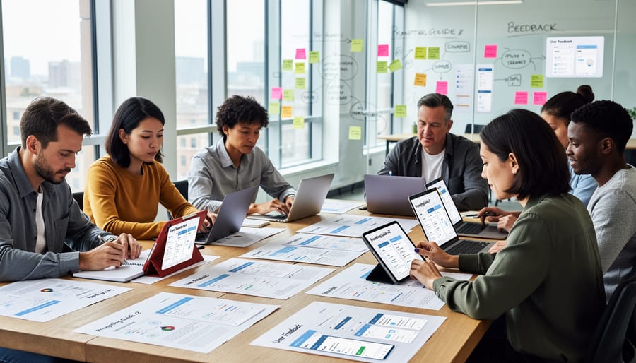 Team collaborating and testing user interface designs during feedback session