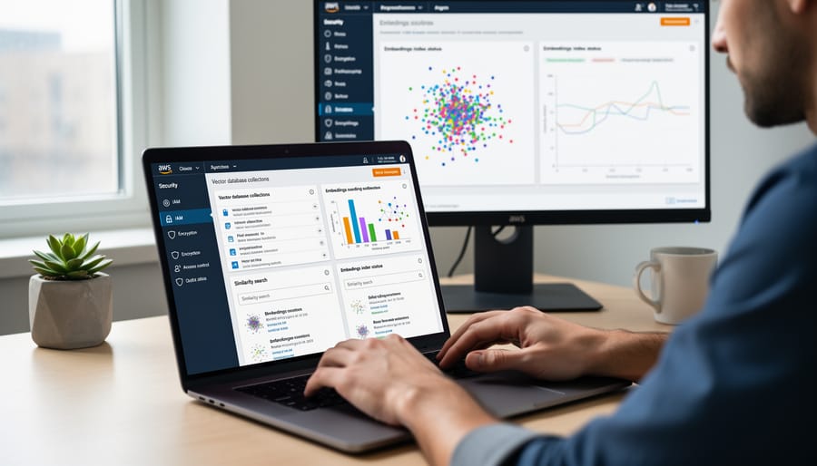 Developer workspace with laptop and notes for database setup