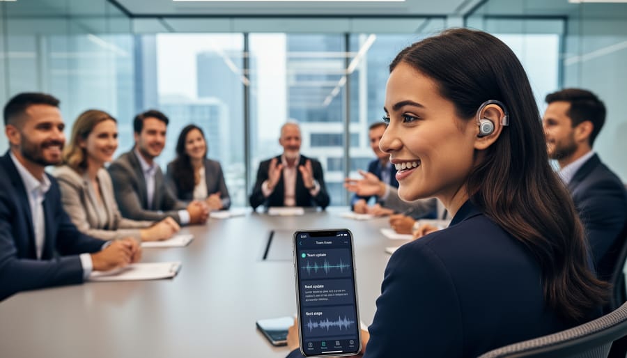 Diverse group of professionals in conversation including person wearing hearing aid