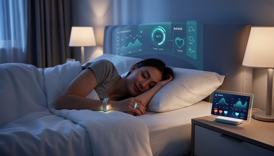 Person sleeping peacefully while wearing sleep tracking device in modern bedroom
